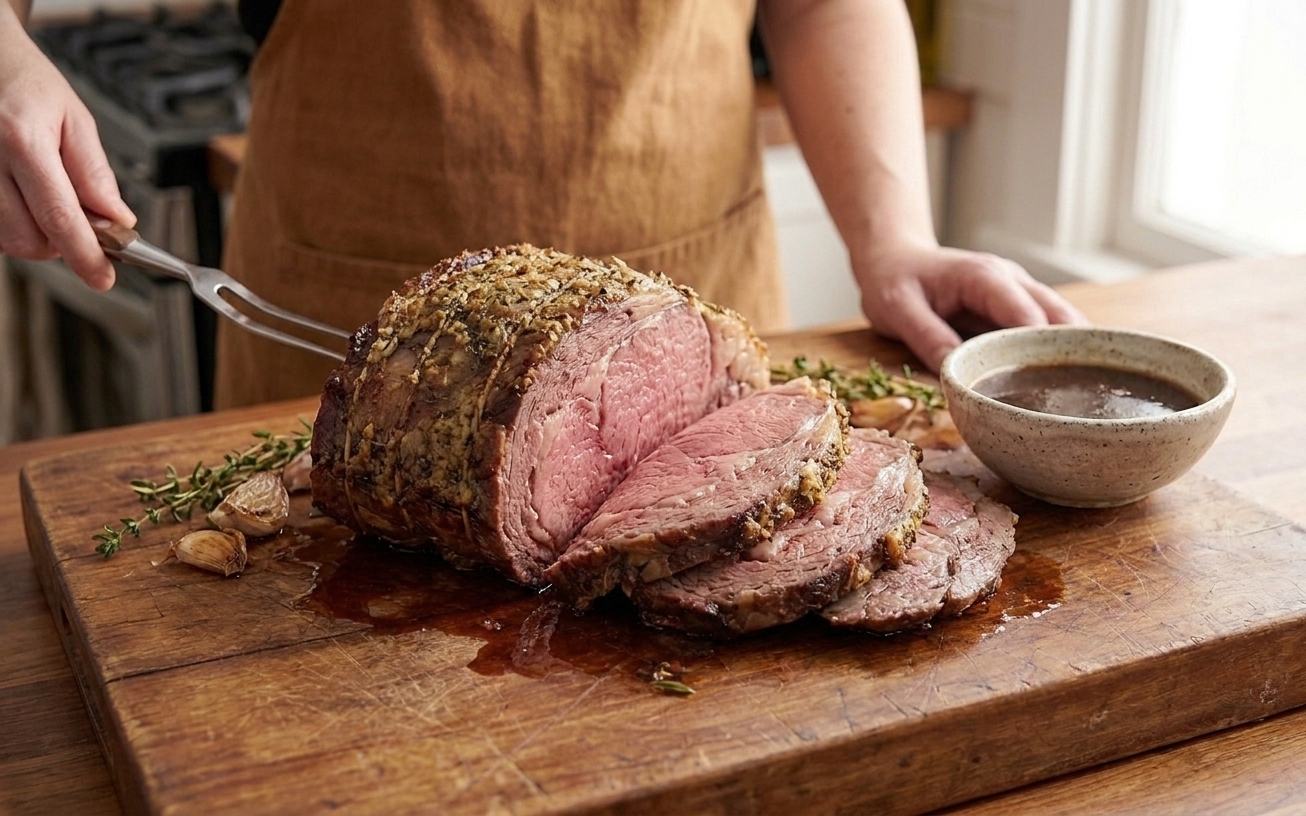 A sliced ribeye roast with a browned garlic herb crust on a cutting board, juices pooled lightly, with a small bowl of pan jus on the side in a warm home kitchen