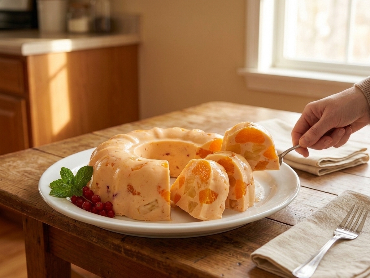 A sliced ring-shaped gelatin salad on a white platter, studded with mandarin oranges and pineapple, set on a bright kitchen table with soft natural light