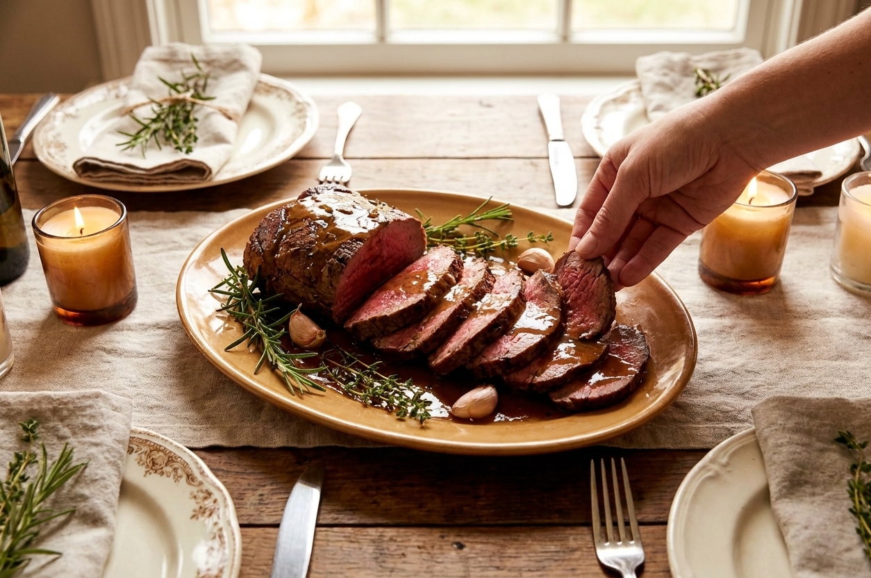 A sliced roast beef fillet arranged on a warm platter with a glossy pan sauce, scattered herbs, and a cozy dinner table setting in soft natural light