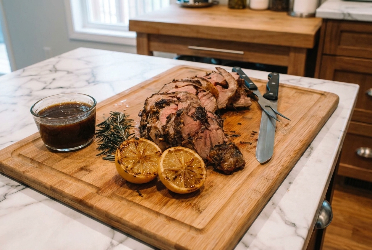 A sliced roasted deboned leg of lamb on a cutting board with rosemary sprigs, lemon halves, and a small bowl of pan sauce nearby