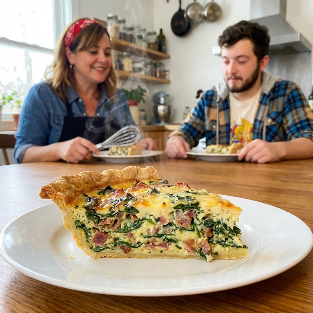 A sliced savory quiche on a white plate with steam rising slightly and a crisp golden crust