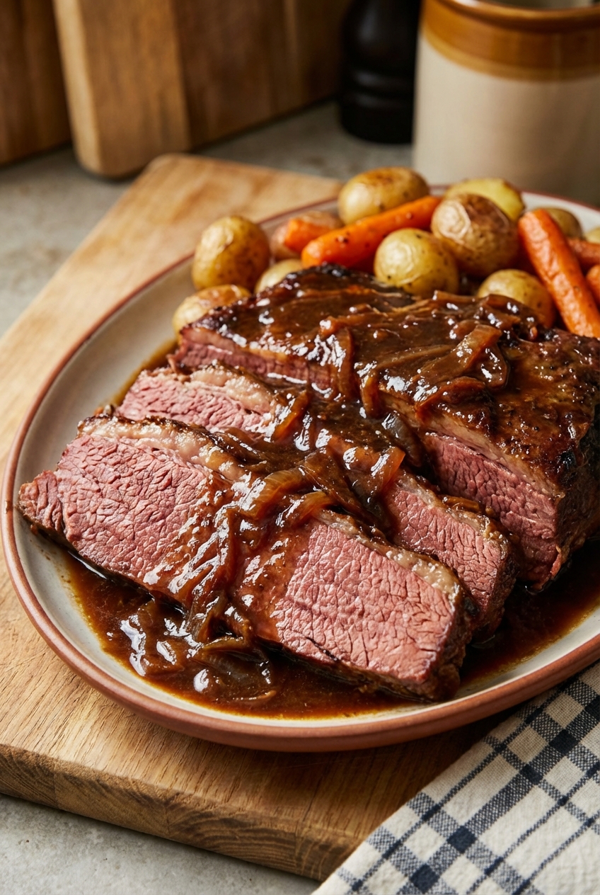 Slow Cooker Corned Beef With Guinness Onion Gravy
