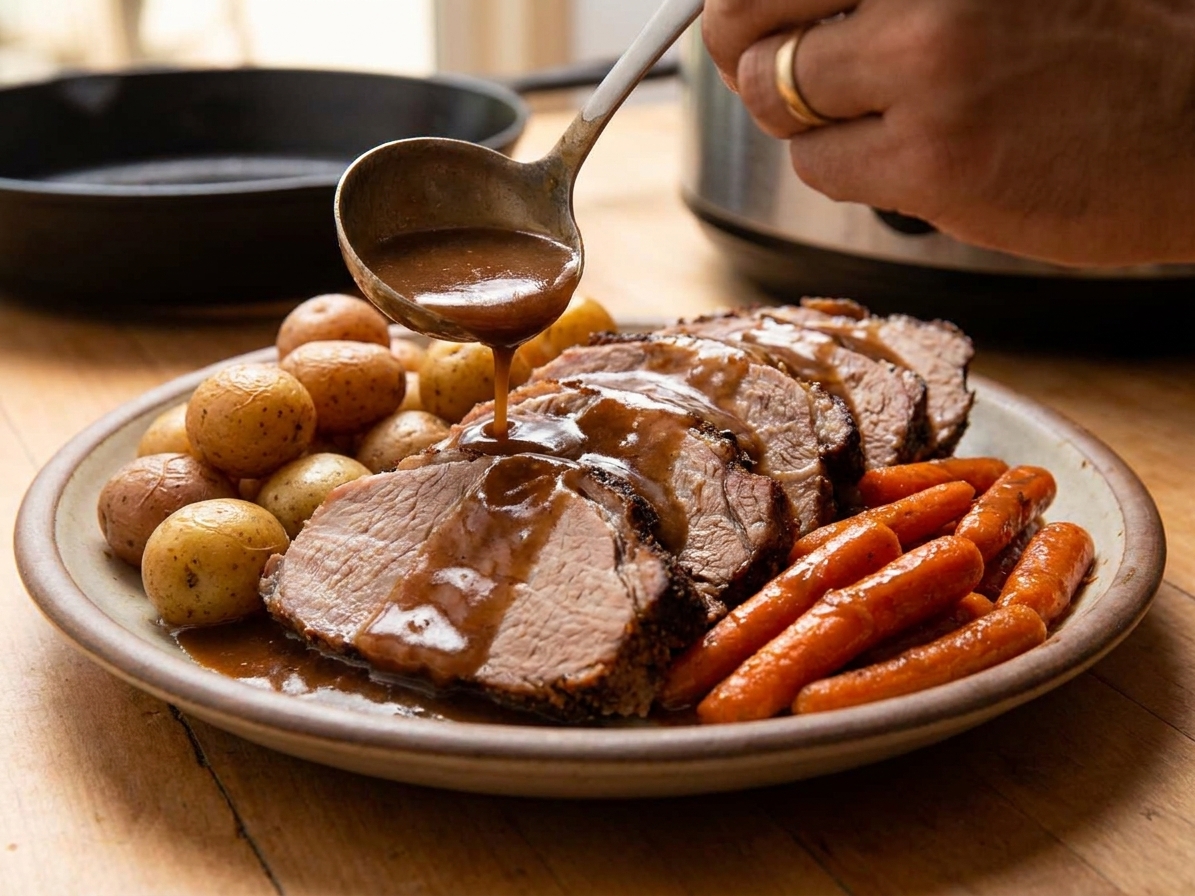 A sliced slow cooker pork roast on a platter with carrots and baby potatoes, spooned with glossy brown gravy on a rustic wood table