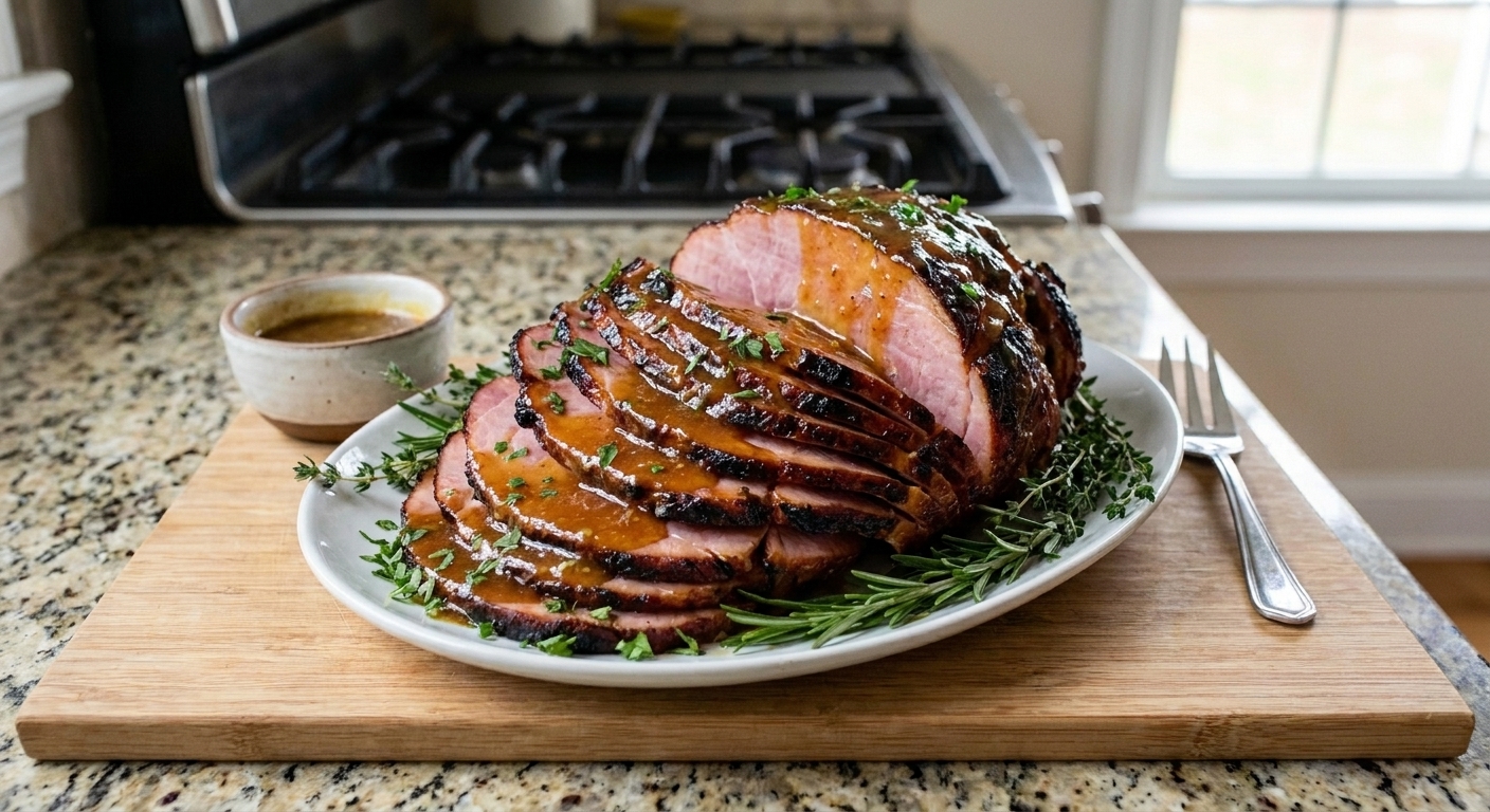 A sliced smoked ham on a platter with a glossy honey mustard glaze, caramelized edges, and herb garnish on a warm kitchen table