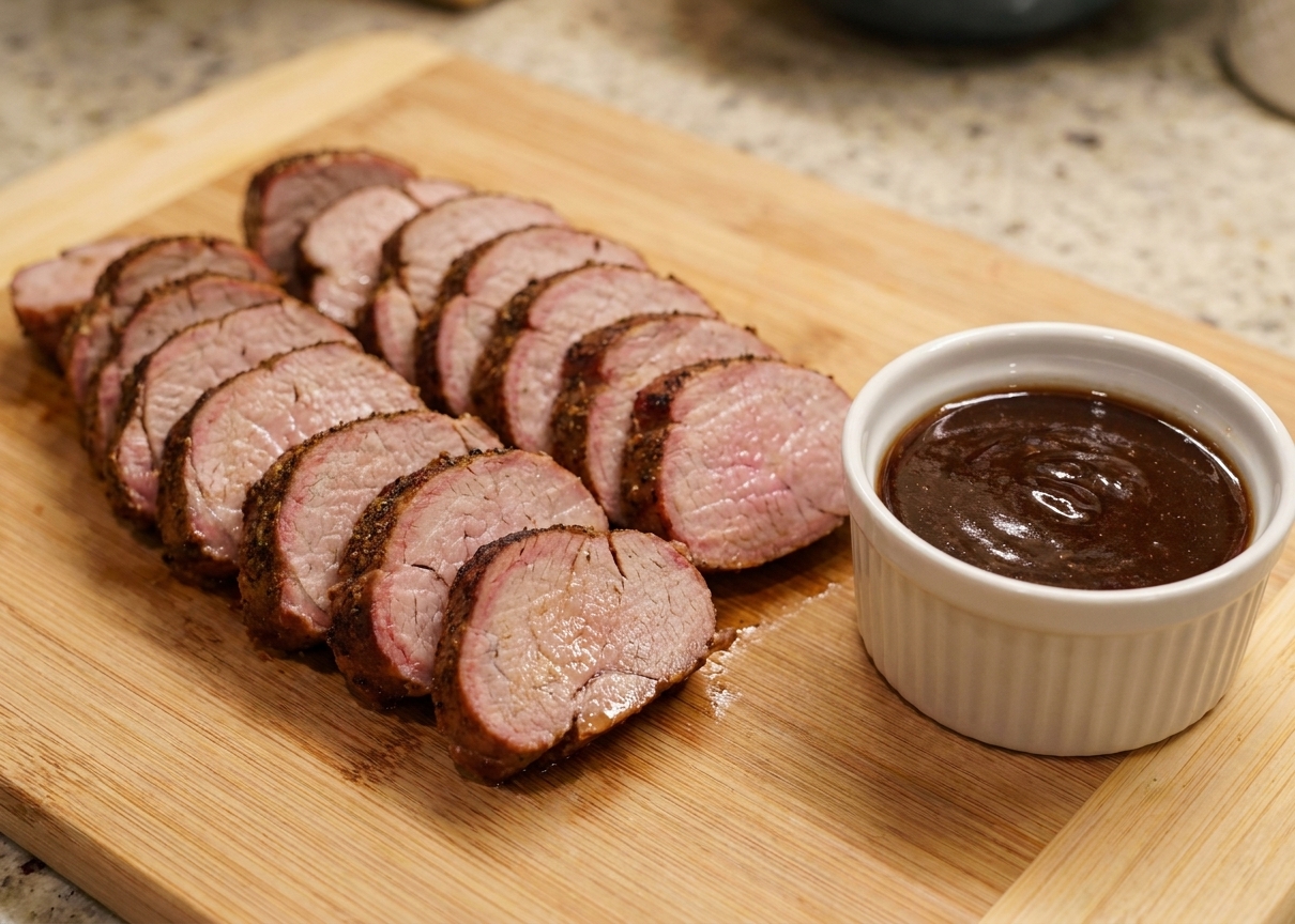 A sliced smoked pork tenderloin on a wooden cutting board with a small bowl of glossy apple cider sauce nearby, warm kitchen lighting