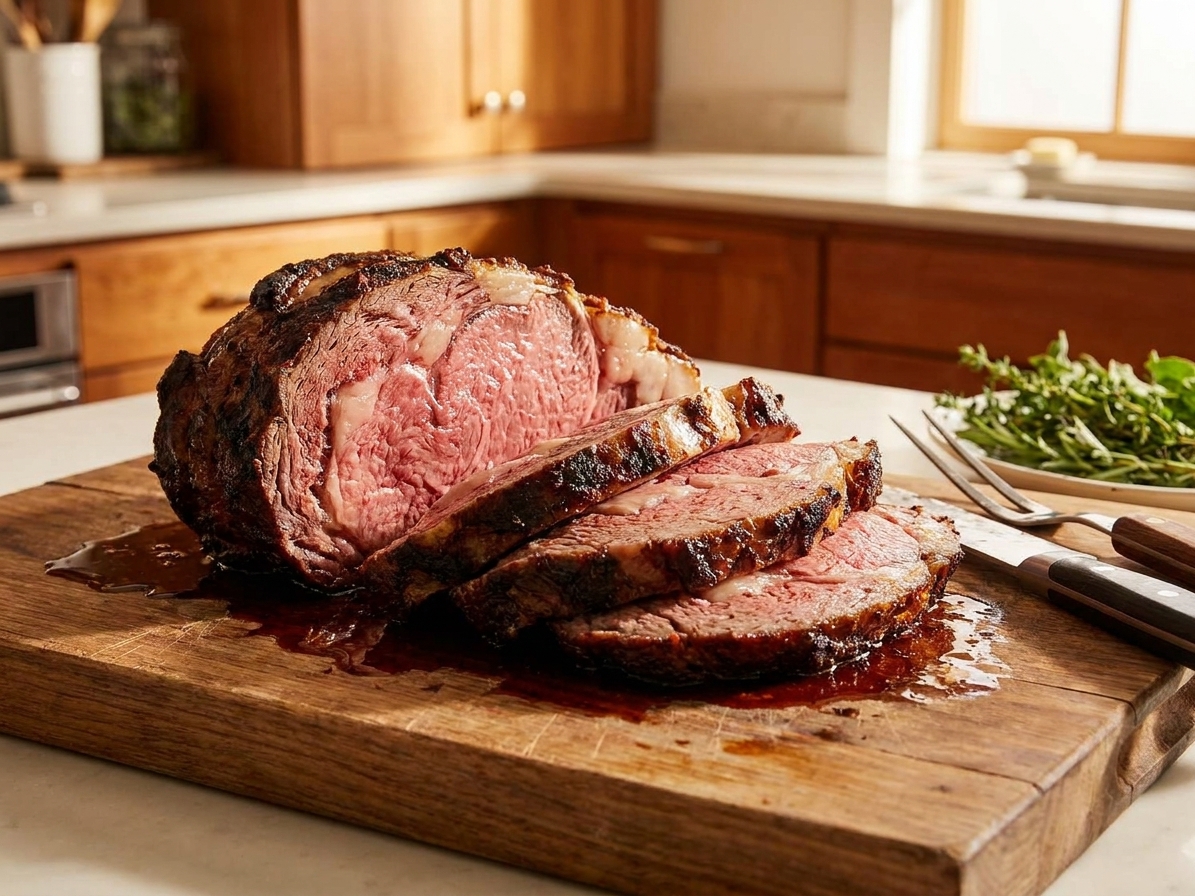 A sliced smoked prime rib roast on a wooden cutting board with a rosy medium-rare center, crisp browned exterior, and resting juices, set on a warm kitchen counter with soft natural light