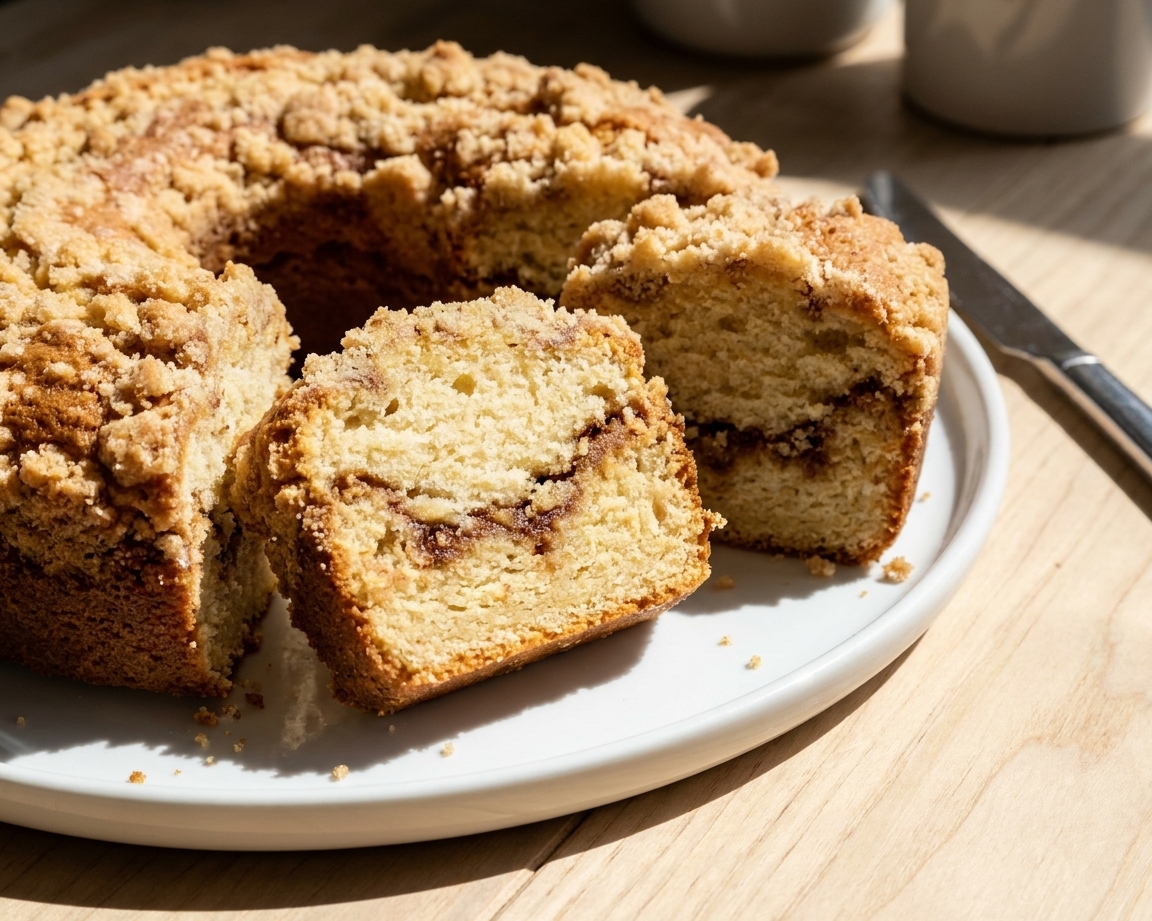 A sliced sour cream coffee cake on a simple serving platter showing the cinnamon streusel layer inside
