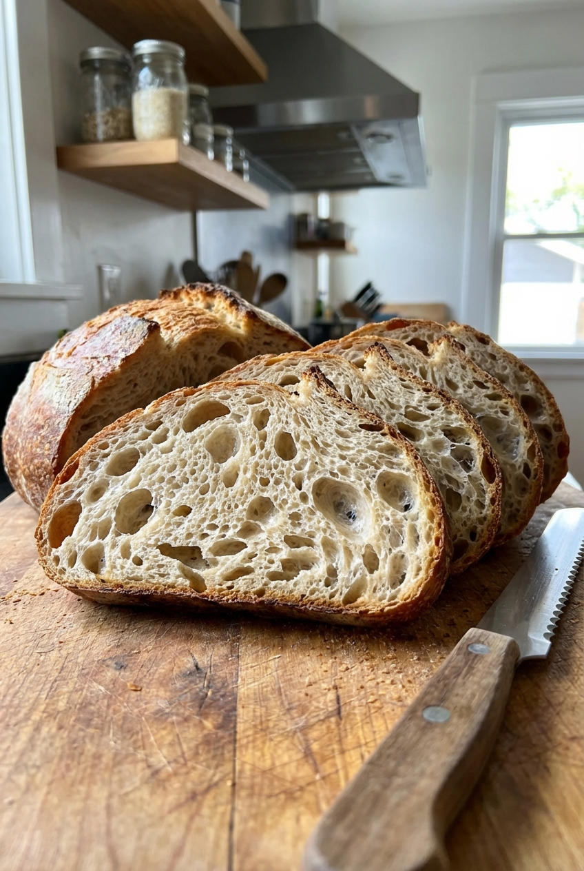 A sliced sourdough loaf showing an airy open crumb on a wooden cutting board with a bread knife beside it