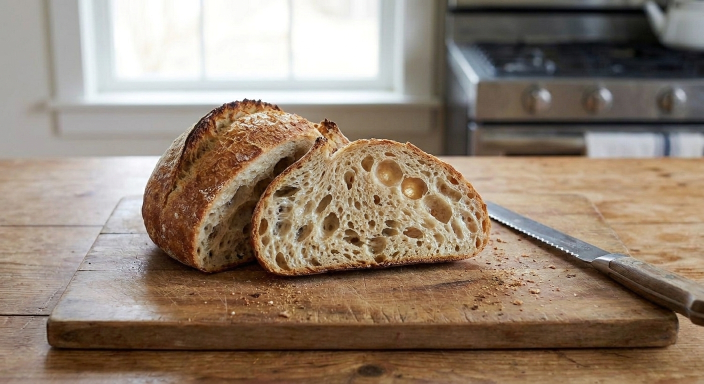 A sliced sourdough loaf showing an open, airy crumb on a wooden cutting board in natural kitchen light