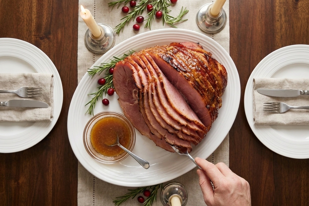 A sliced spiral ham fanned out on a serving platter with a small bowl of extra glaze and a simple holiday table setting