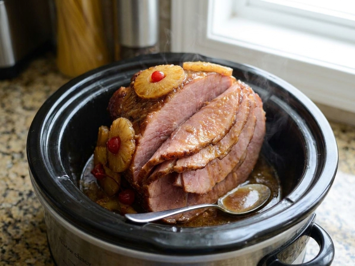 A sliced spiral ham in a slow cooker, glossy with brown sugar glaze, with pineapple rings and cherries on top on a warm kitchen counter