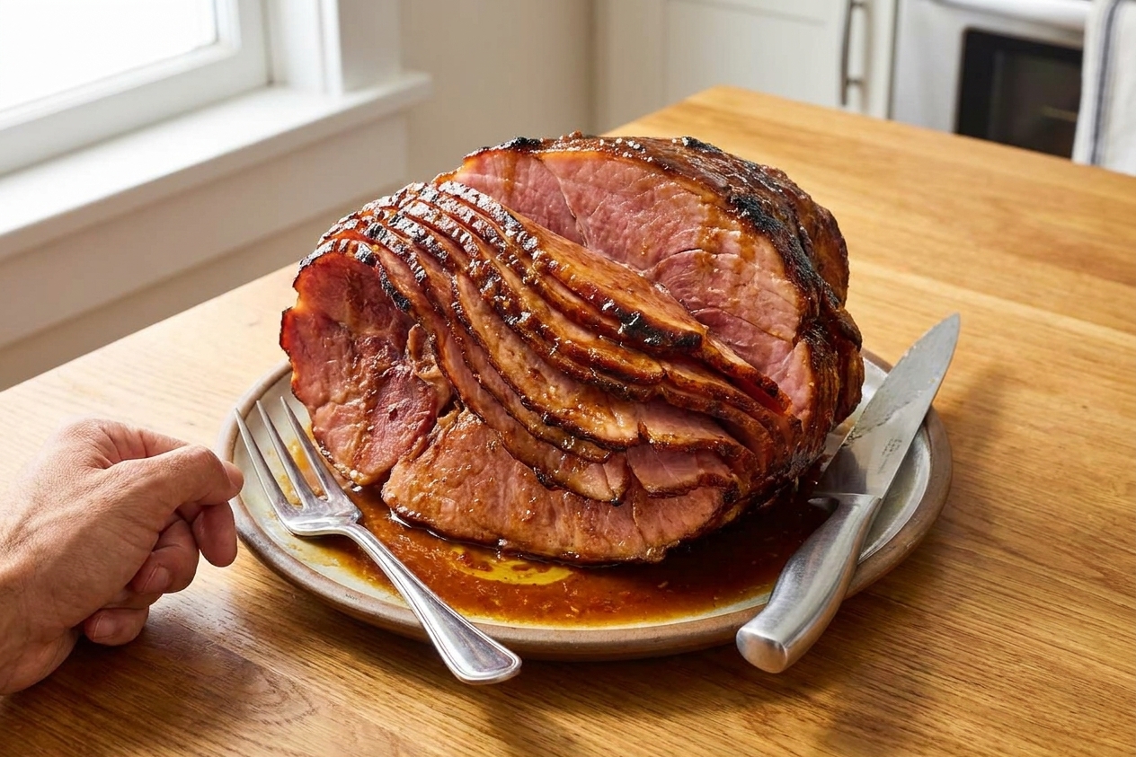A sliced spiral ham on a platter with a glossy brown sugar glaze, caramelized edges, and juices pooling slightly at the bottom, set on a warm kitchen table with simple serving utensils