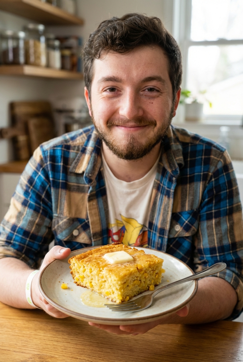 A sliced square of cornbread casserole on a plate with butter and a fork