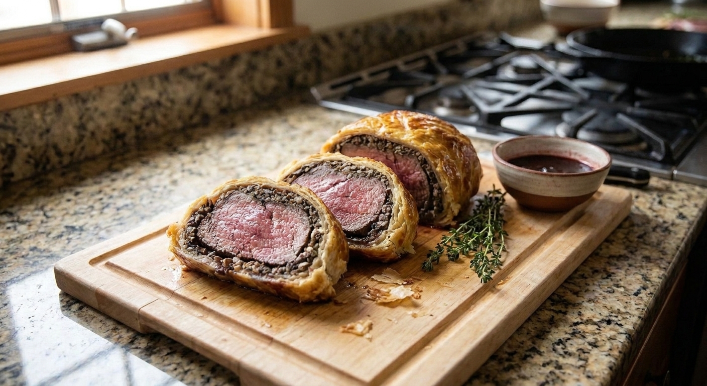 A sliced steak Wellington on a wooden cutting board, showing a rosy medium-rare center, mushroom duxelles layer, and crisp golden puff pastry in a warm home kitchen