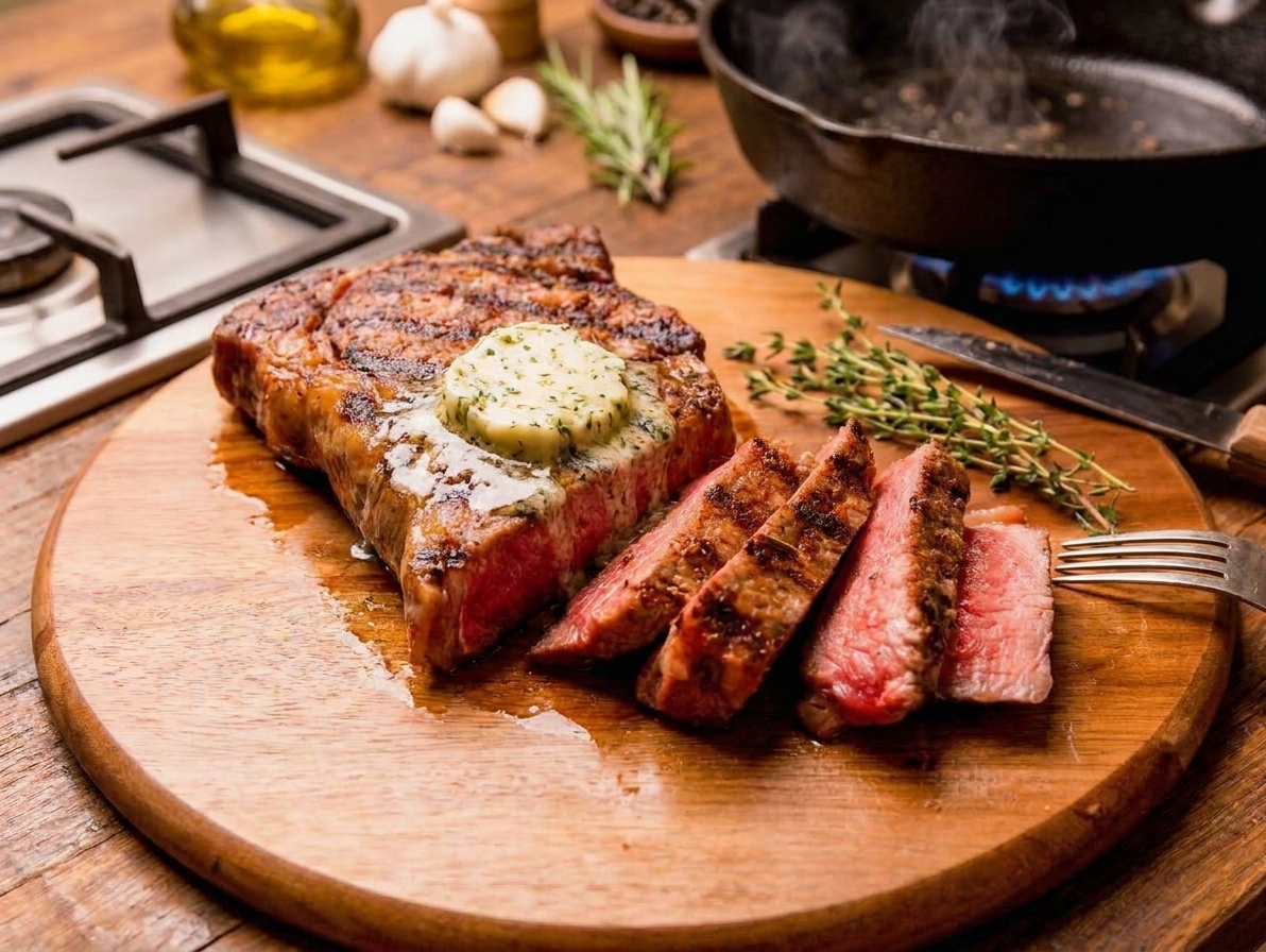 A sliced striploin steak with a deep brown crust on a cutting board, topped with melting garlic herb butter, with a cast iron skillet in the background on a home kitchen stove