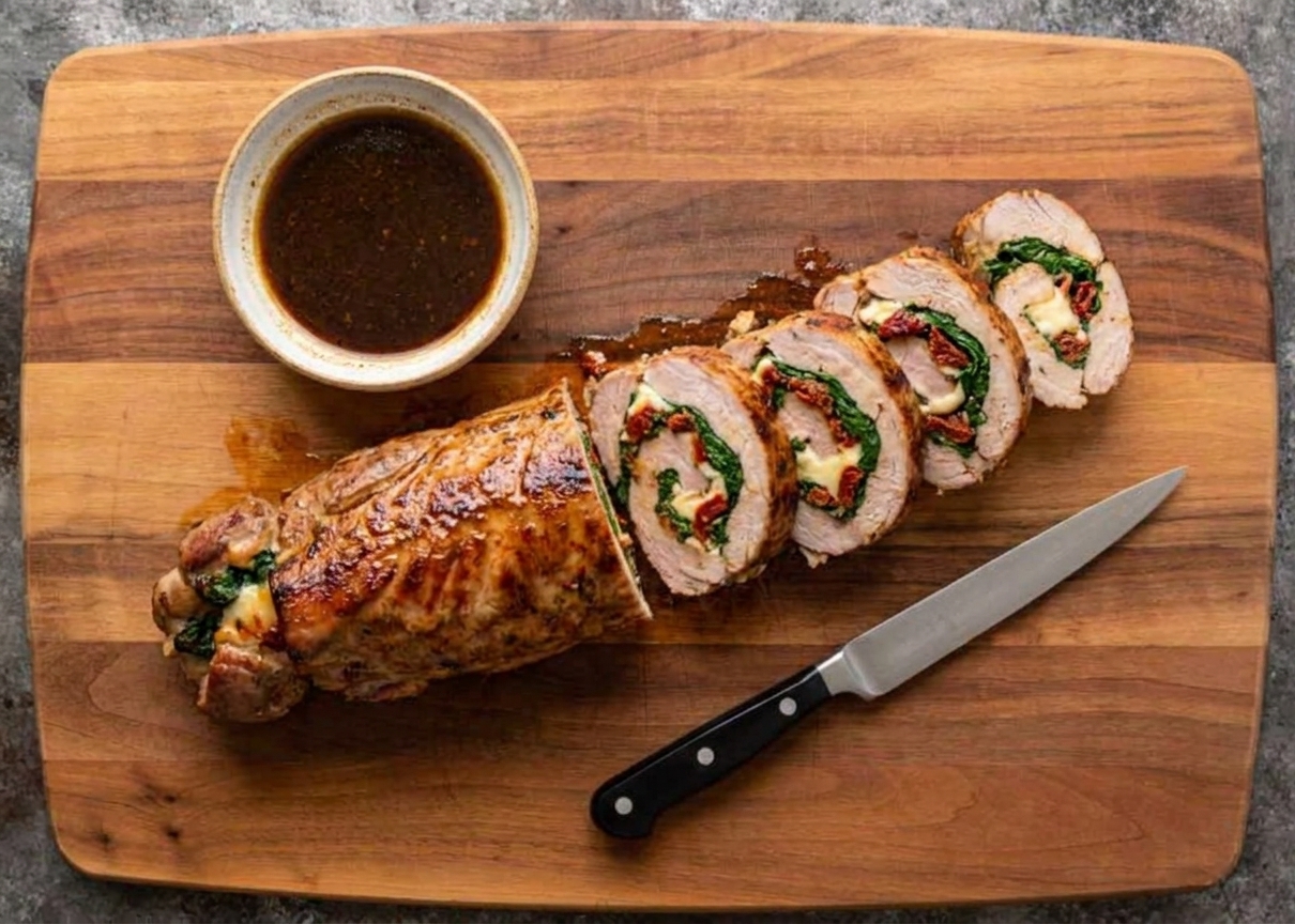 A sliced stuffed pork tenderloin on a cutting board, showing a spiral of spinach, sun-dried tomatoes, and melted mozzarella, with a small bowl of pan sauce nearby