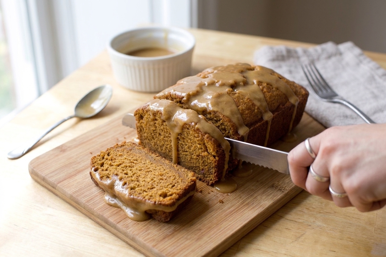 A sliced sweet potato pound cake loaf on a wooden cutting board with a light maple glaze dripping down the sides, set on a bright kitchen counter