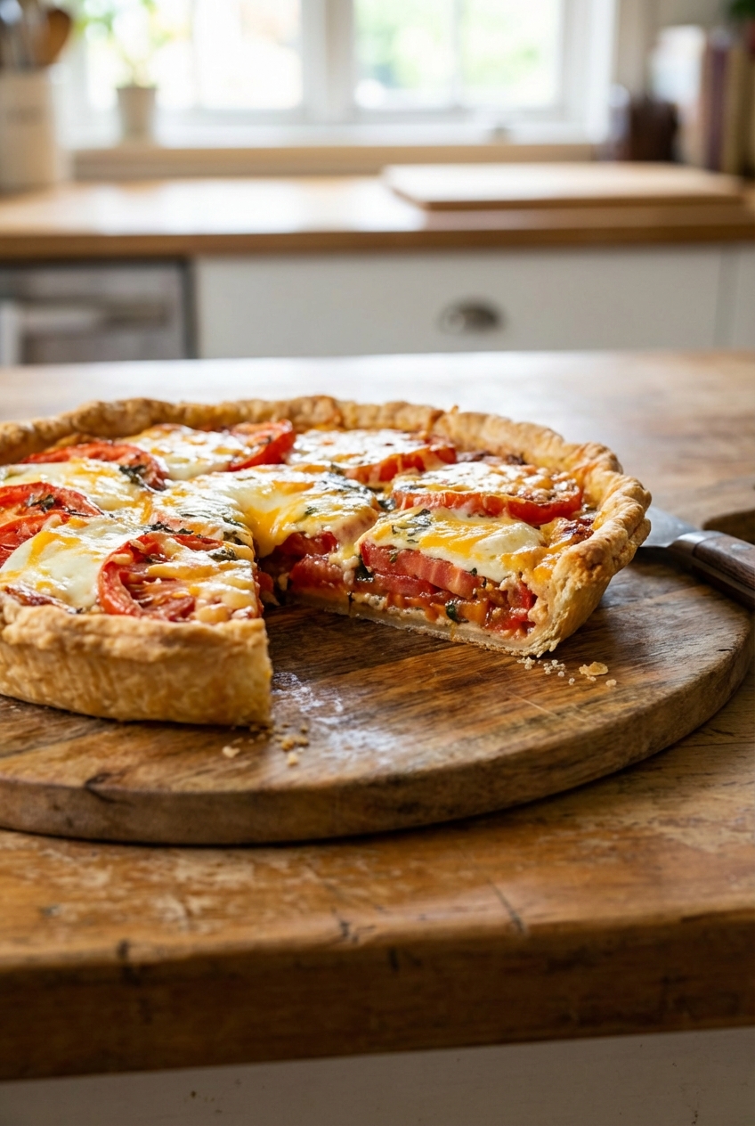 A sliced tomato pie on a cutting board showing a clean wedge with layers of tomatoes and cheesy topping