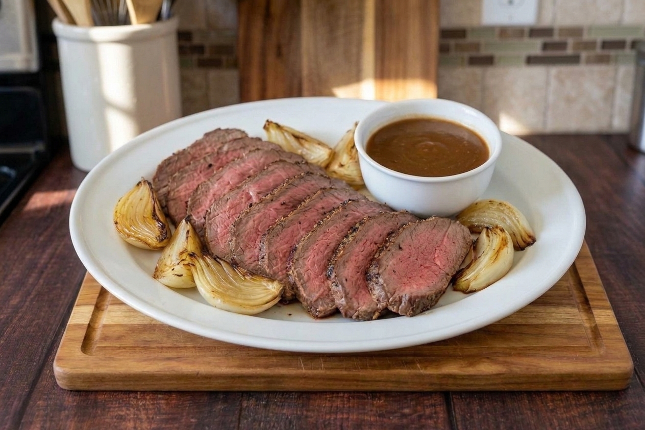 A sliced top round roast on a platter with a garlic herb crust, surrounded by roasted onions and a small bowl of brown gravy on a warm kitchen table