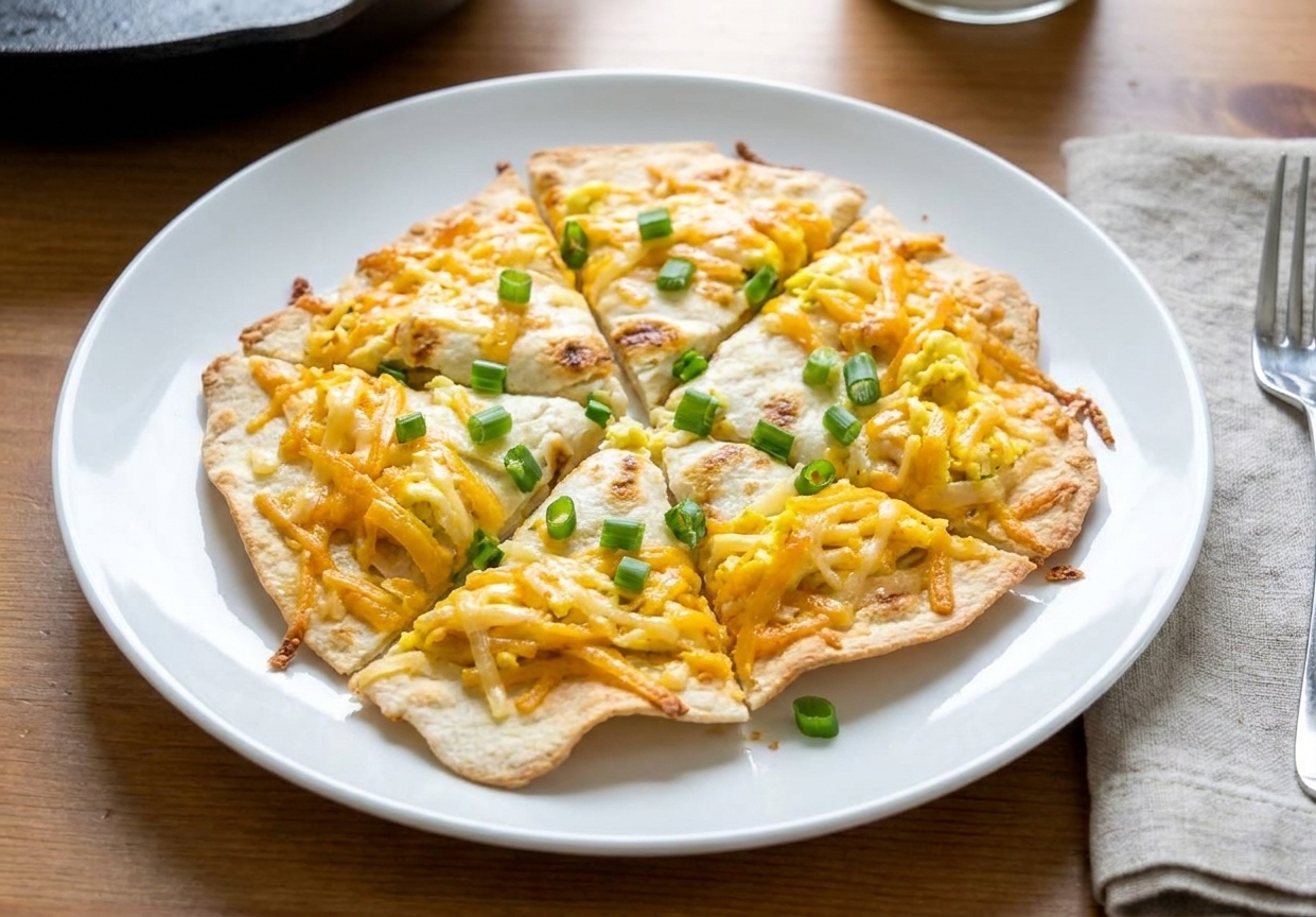 A sliced tortilla egg pizza on a plate with melted cheese and green onions, crisp edges visible, simple table setting