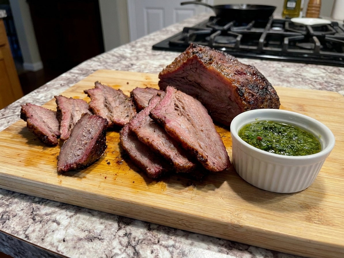 A sliced tri tip steak with a deep brown seared crust and rosy center on a cutting board, with a small bowl of green chimichurri-style sauce nearby on a warm kitchen counter