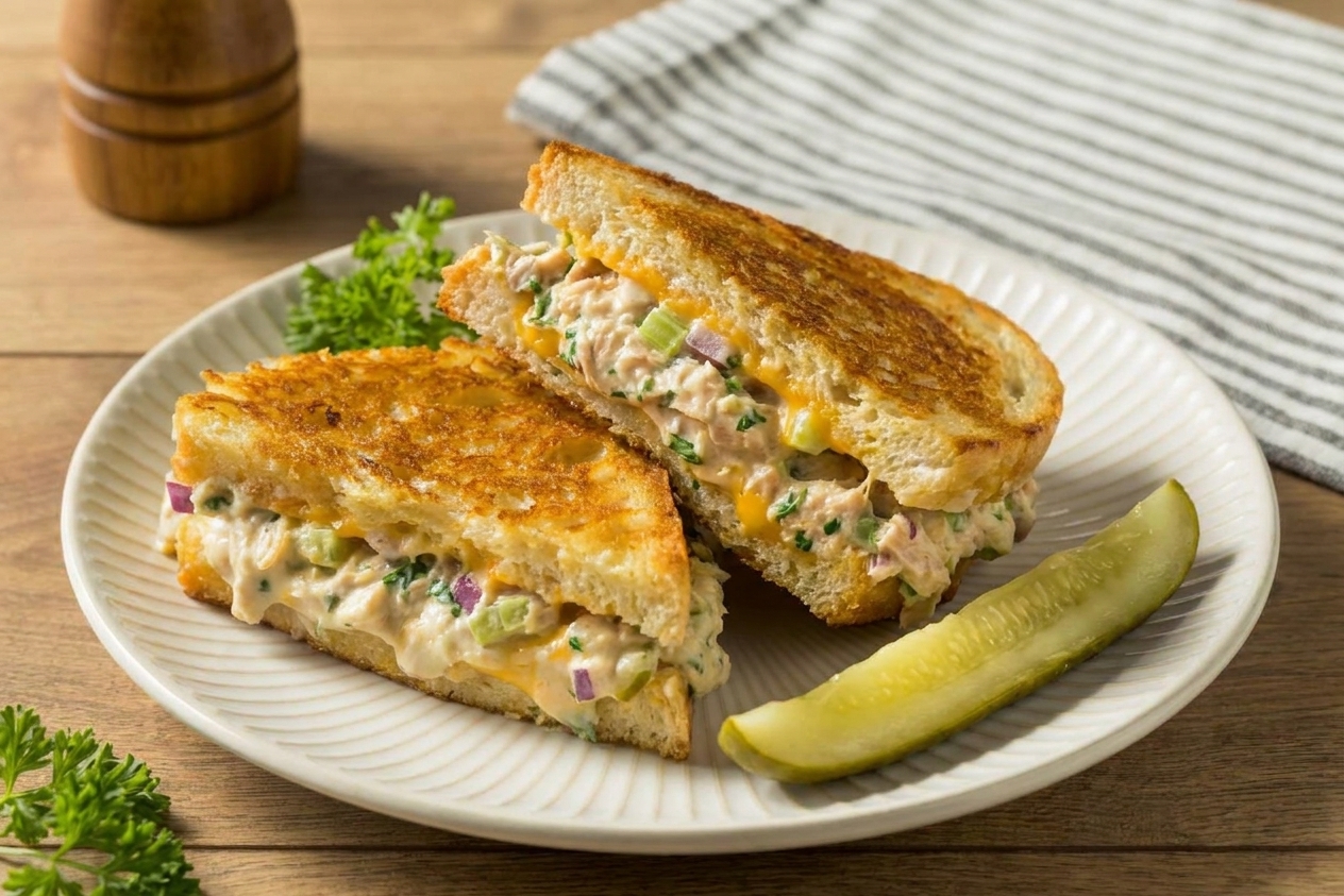A sliced tuna melt sandwich showing creamy tuna filling and melted cheddar on a plate with a simple pickle spear beside it