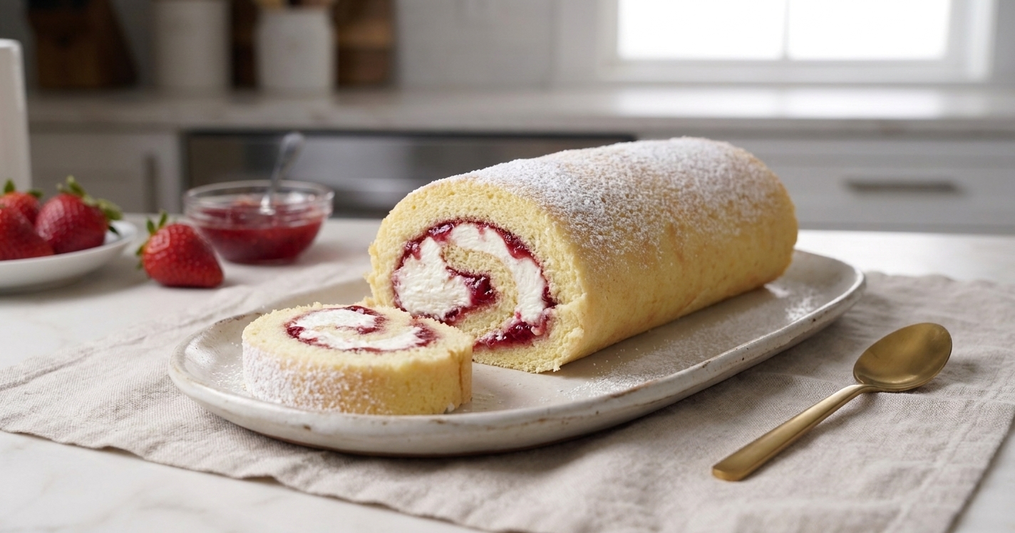 A sliced vanilla Swiss roll on a ceramic platter, showing a tight spiral of whipped cream and raspberry jam on a linen-covered table in soft natural light