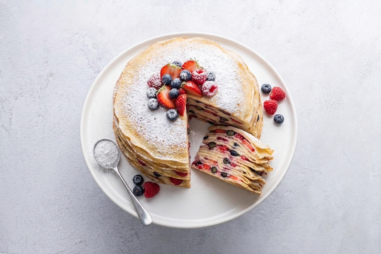 A sliced vanilla berry crepe cake on a serving plate showing many thin layers, topped with fresh berries and a light dusting of powdered sugar