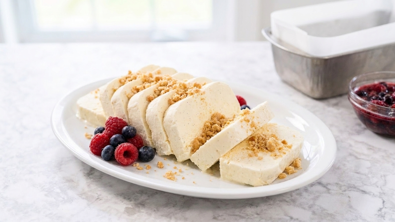 A sliced vanilla semifreddo loaf on a white platter with a light almond crumble and a few fresh berries on the side, set on a bright kitchen table