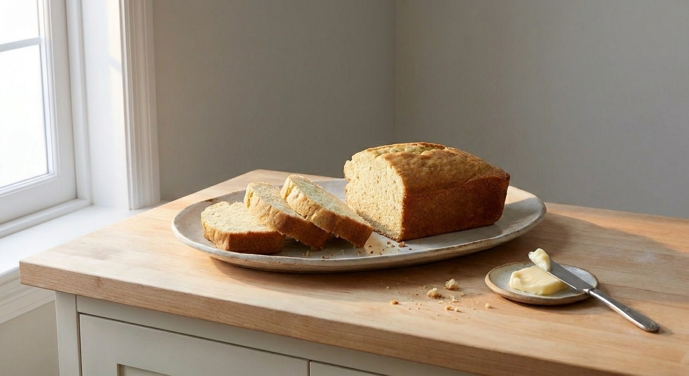 A sliced vanilla tea cake loaf on a ceramic platter with a few crumbs scattered, a small dish of butter nearby, and warm afternoon light on a kitchen table
