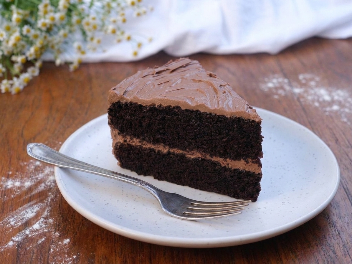 A sliced vegan chocolate cake on a simple ceramic plate with a fork on the side, set on a wooden table
