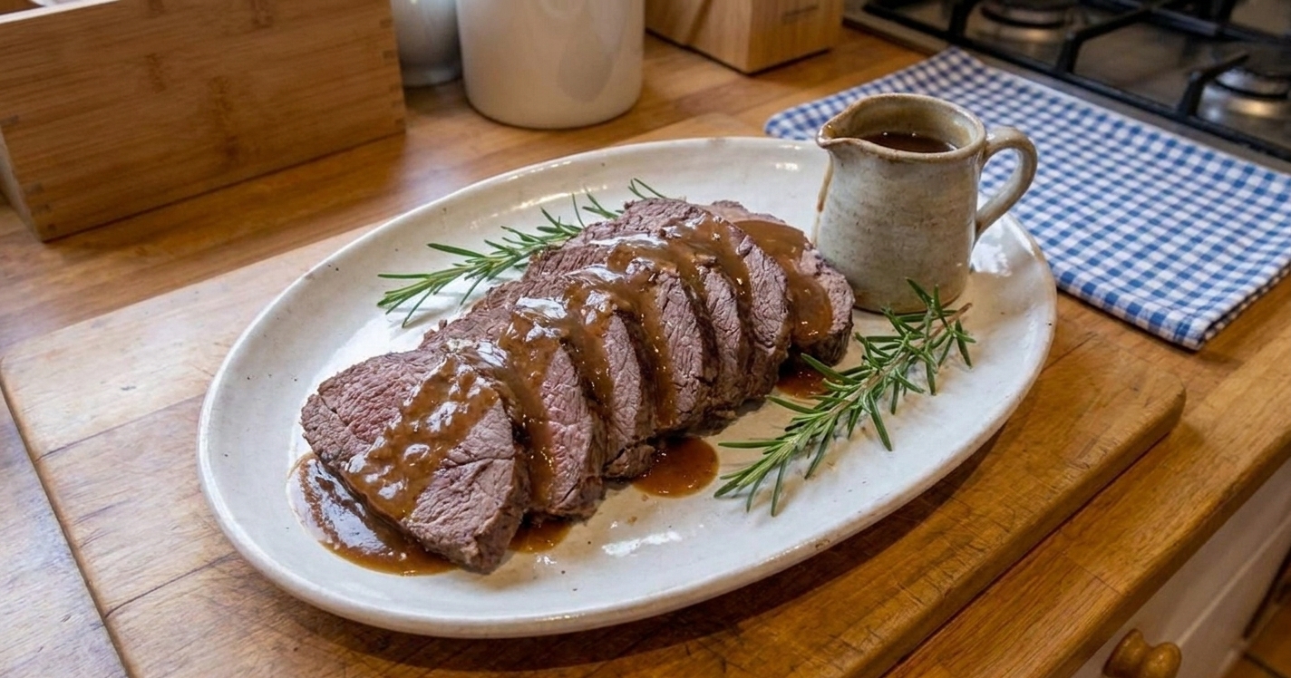 A sliced venison roast on a white platter with rosemary sprigs and a small pitcher of glossy brown pan gravy on a rustic wooden table