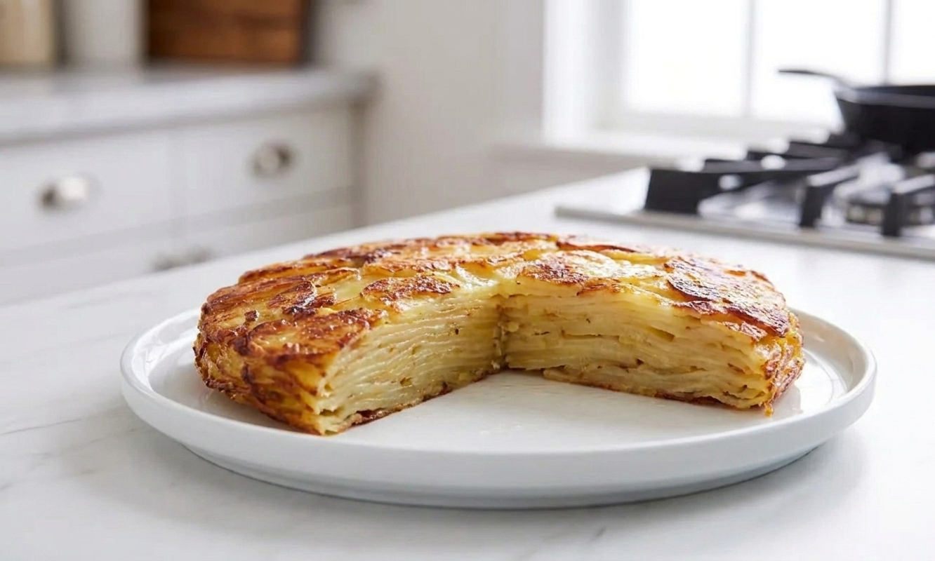 A sliced wedge of Pommes Anna showing thin potato layers and a crisp golden crust on a serving plate