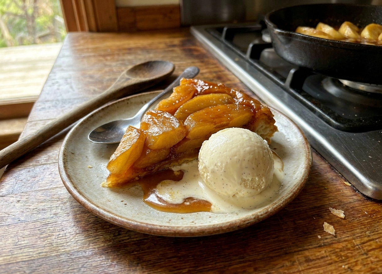 A sliced wedge of apple tarte Tatin on a dessert plate with a scoop of vanilla ice cream melting slightly beside it