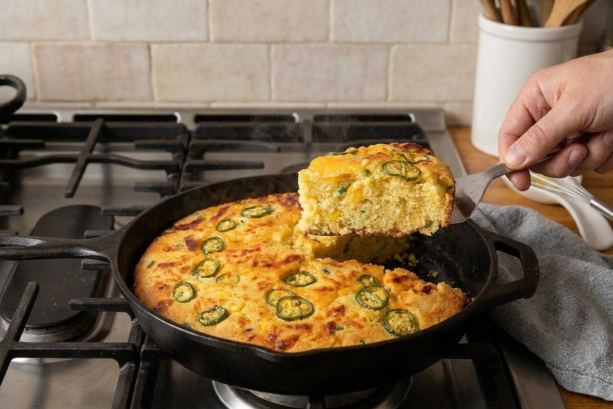 A sliced wedge of jalapeño cheddar cornbread lifted from a skillet, showing a tender crumb with melted cheese pockets and green jalapeño bits