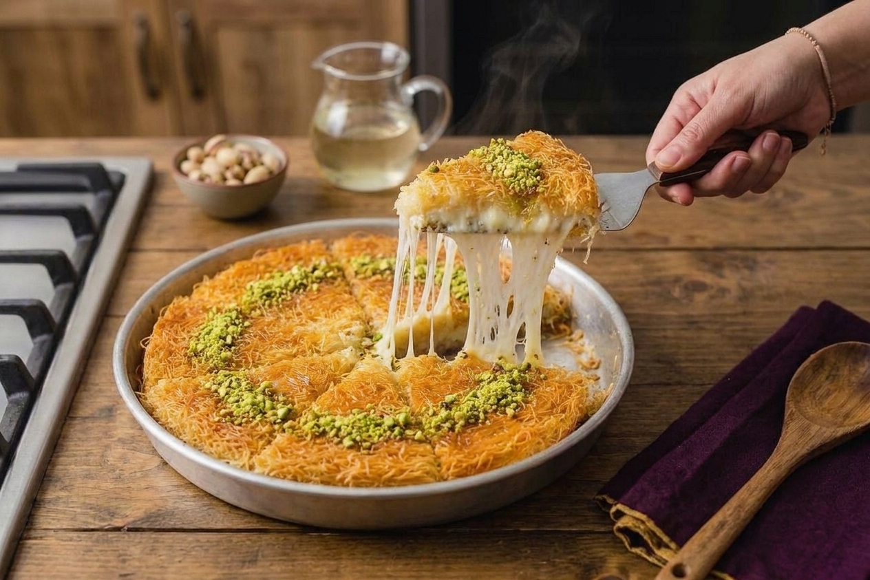 A sliced wedge of warm kunafa being lifted from the pan with visible stretchy melted cheese and pistachios scattered on top