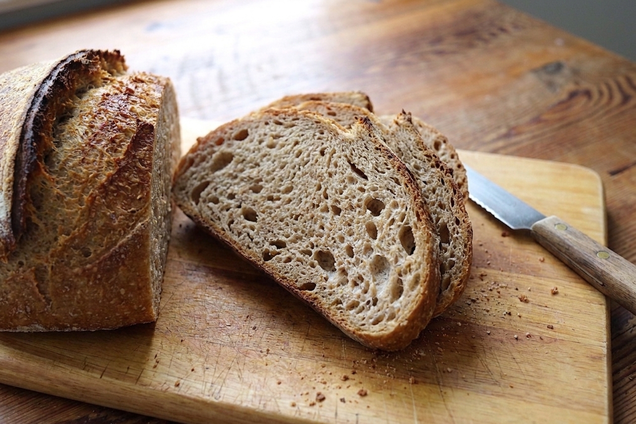 A sliced whole grain sourdough loaf showing an open, tender crumb on a wooden cutting board with a butter knife nearby
