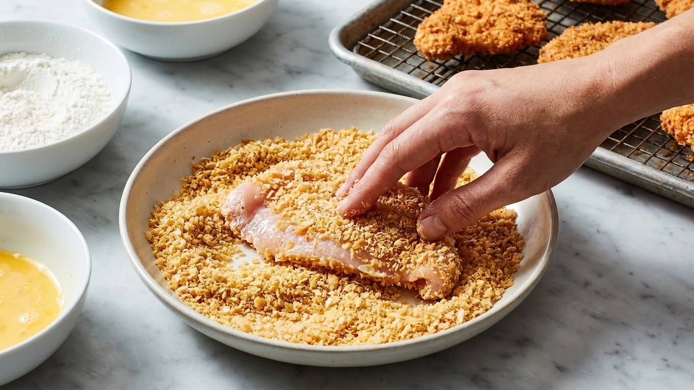 A slider-sized chicken piece being pressed into panko breadcrumbs in a shallow bowl on a kitchen counter