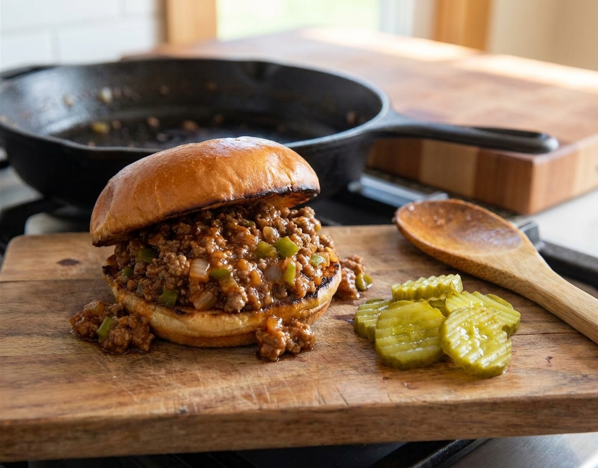 A sloppy joe sandwich on a toasted bun with pickles on the side, set on a wooden table in warm light