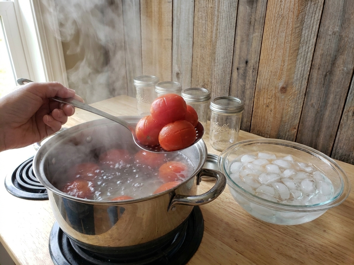 A slotted spoon lifting blanched tomatoes from boiling water toward a bowl of ice water on a kitchen counter