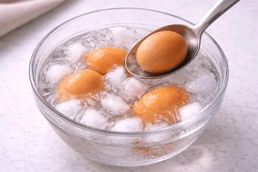 A slotted spoon lowering freshly boiled eggs into a bowl of ice water on a clean kitchen counter