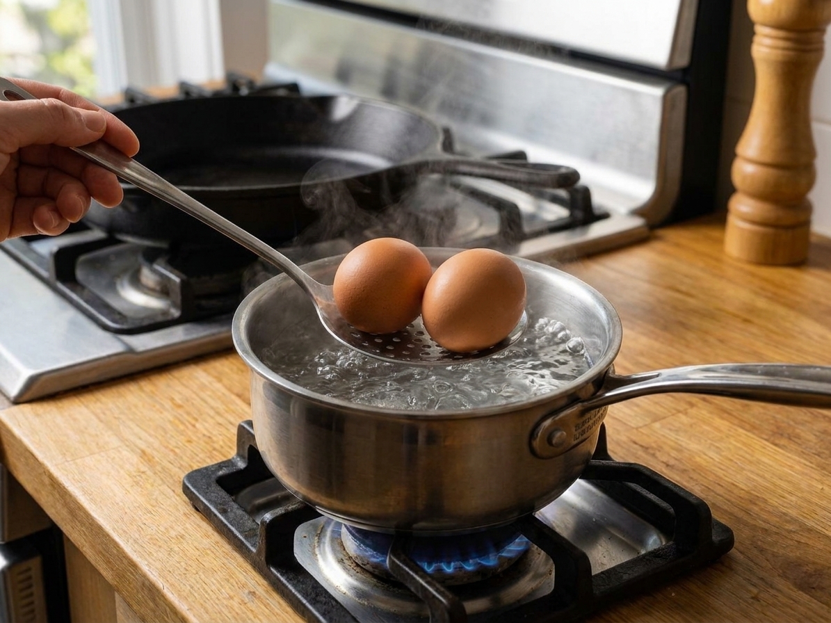 A slotted spoon lowering large eggs into a small saucepan of boiling water on a stovetop