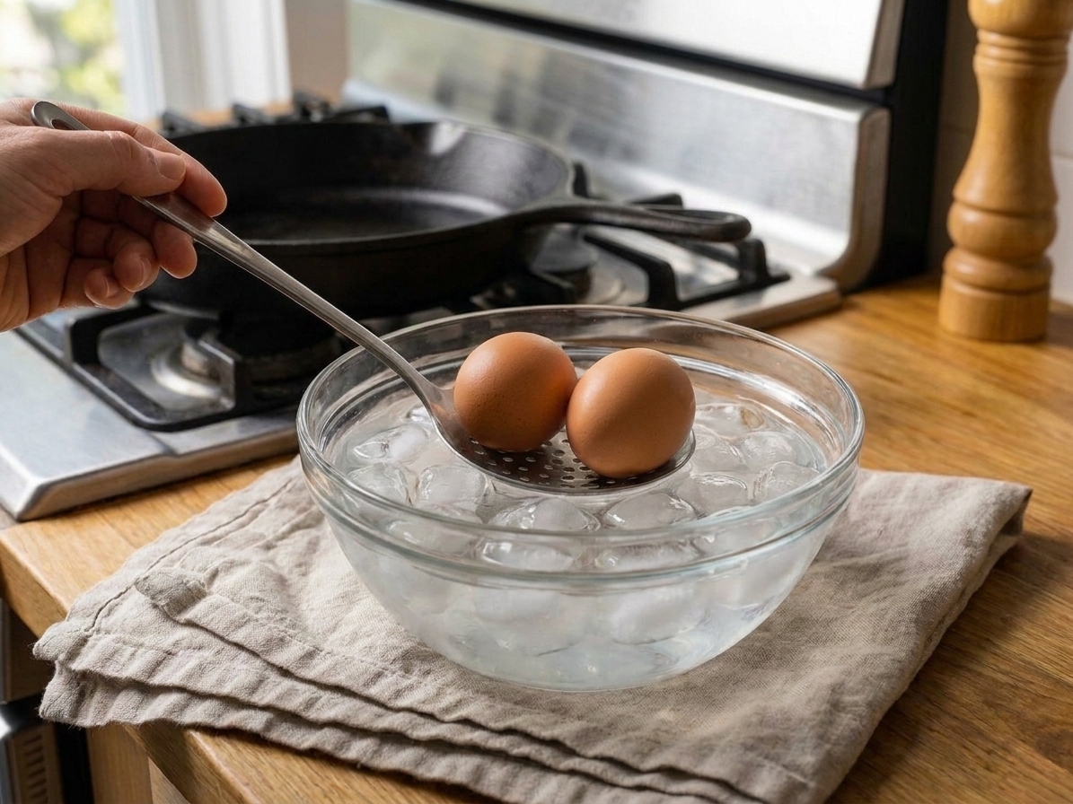 A slotted spoon lowering soft-boiled eggs into a bowl of ice water on a kitchen counter