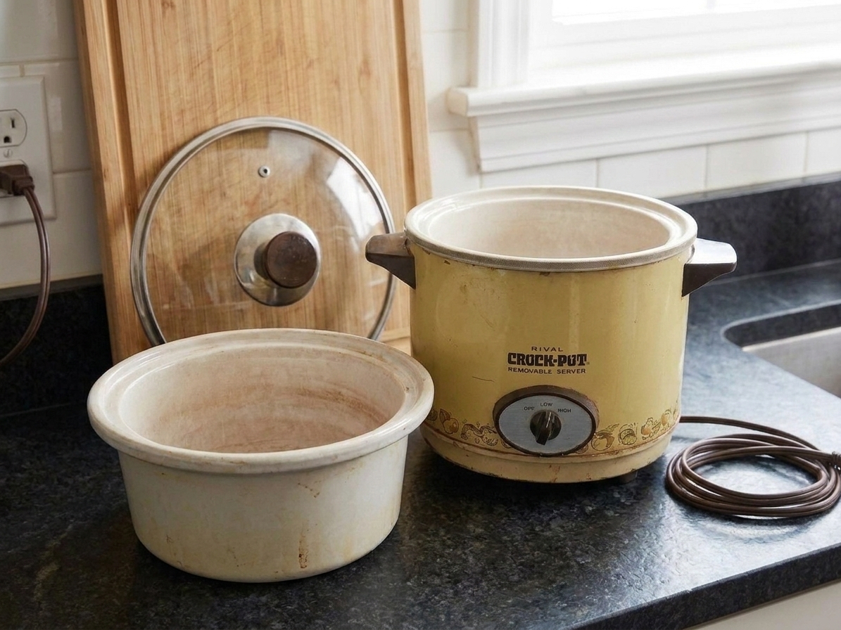A slow cooker base with the ceramic crock and glass lid set beside it on a countertop, showing the parts clearly