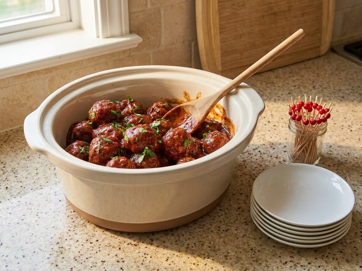 A slow cooker filled with BBQ meatballs and a serving spoon, sitting on a buffet table with small plates and toothpicks nearby