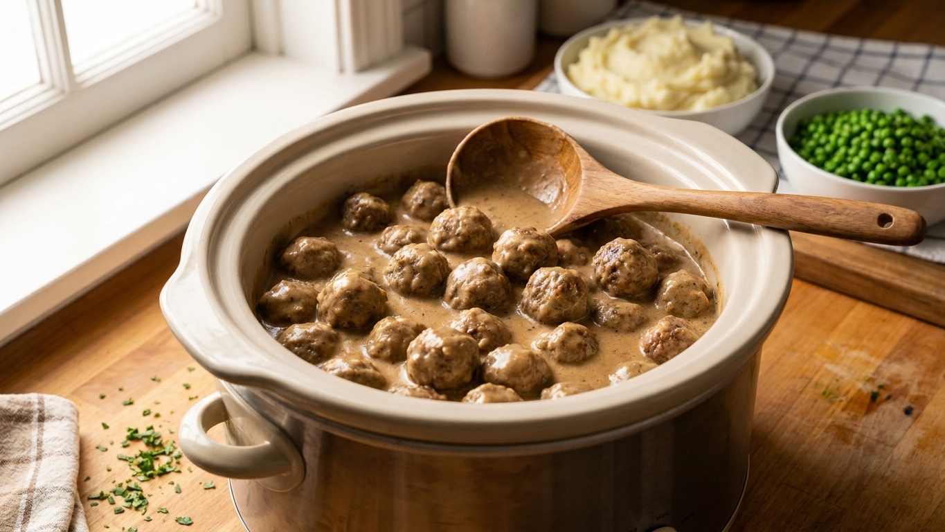 A slow cooker filled with Swedish meatballs in creamy gravy, with a ladle resting on the edge on a warm kitchen counter