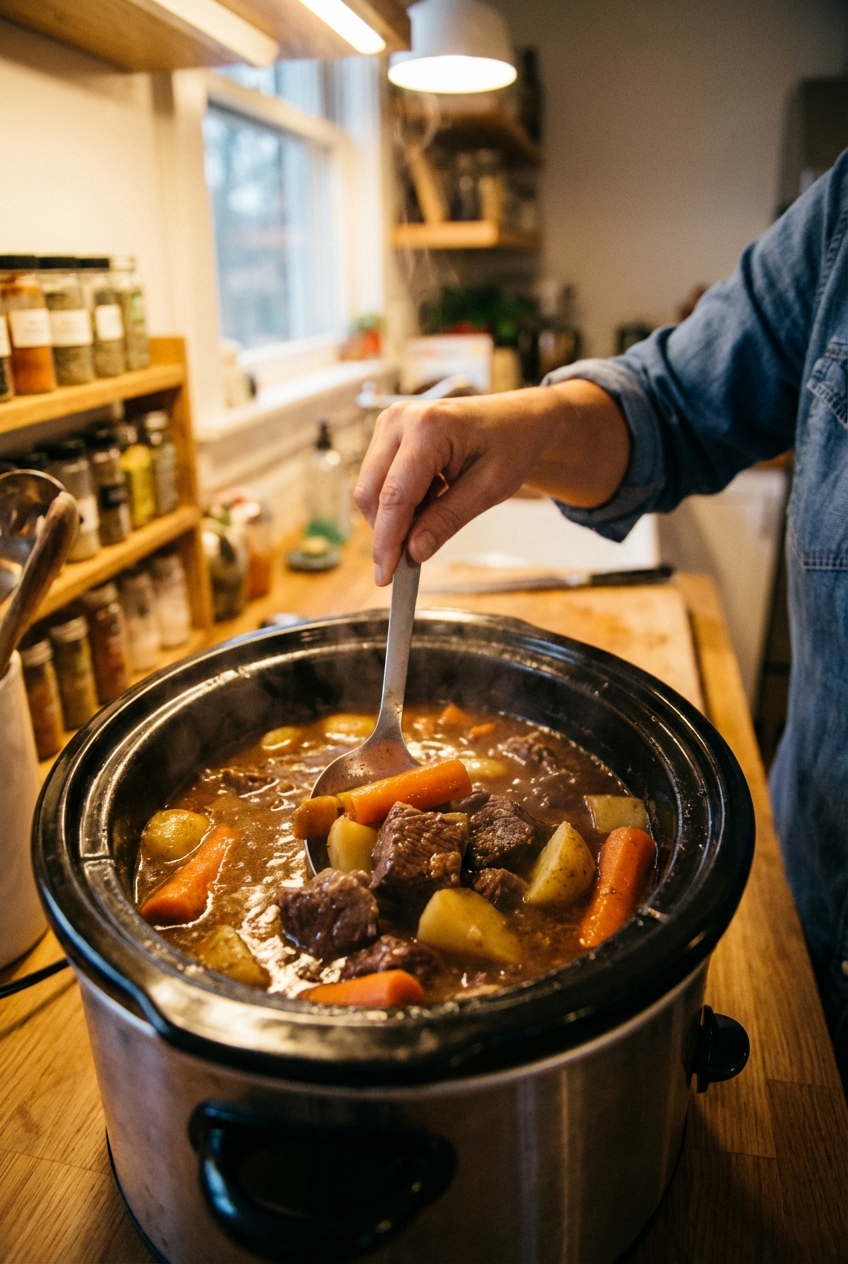 A slow cooker filled with beef stew while a spoon stirs the rich smoky broth with potatoes and carrots