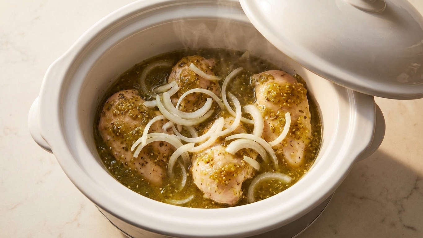 A slow cooker filled with chicken breasts covered in salsa verde and sliced onions, lid lifted during cooking on a kitchen counter