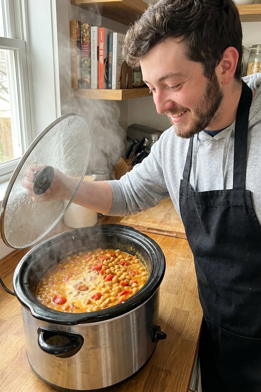 A slow cooker filled with chickpea curry with visible tomatoes and creamy coconut sauce, steam rising in a home kitchen photo