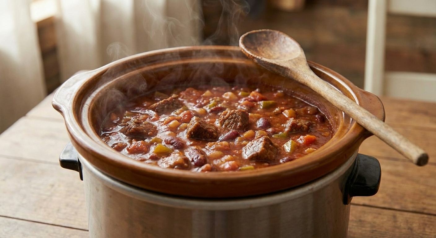A slow cooker filled with chili as it simmers, with a wooden spoon resting on the edge